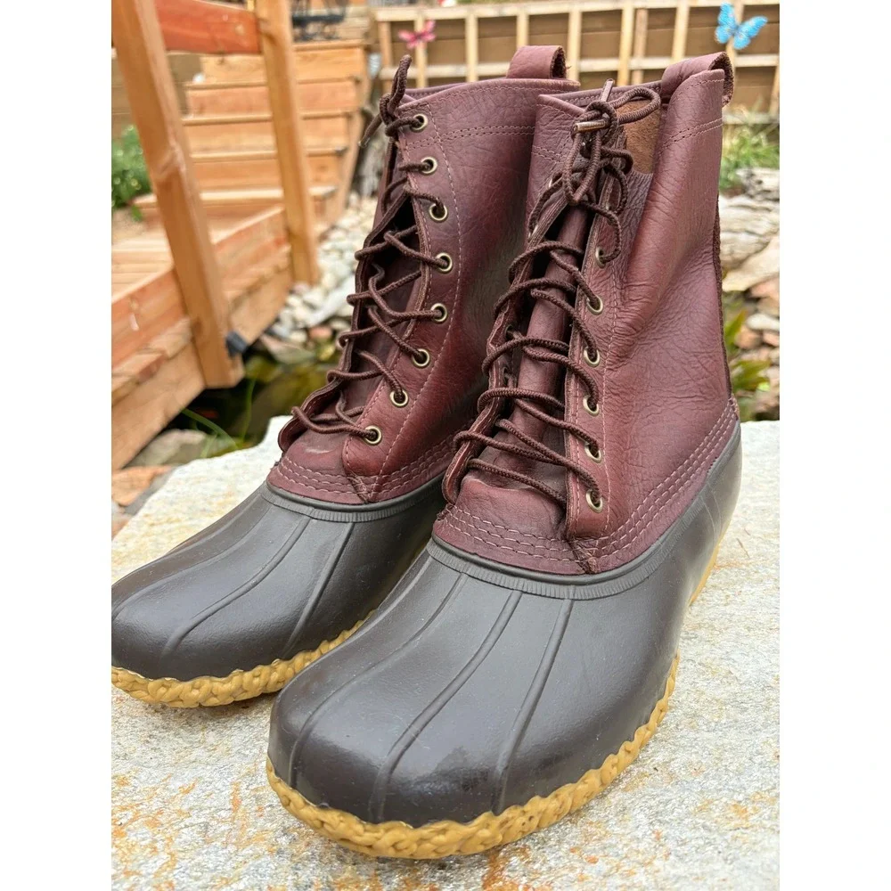 LL Bean 8 Inch Duck Boots Mens 11 Wide Burgundy Leather Brown Rubber Made in USA